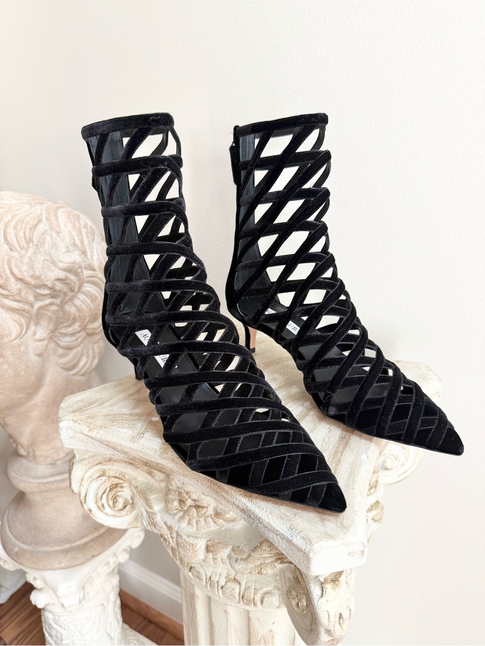 Aquazzura Black Velvet Cage Pointed Ankle-Heels